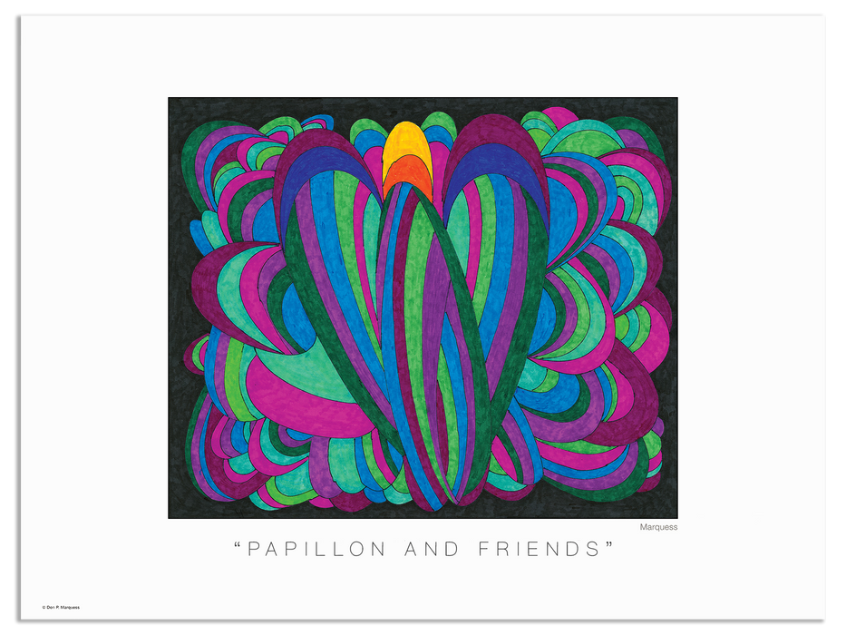 Papillon and Friends Poster | Uniquely colored hand-drawn graphics by prominent photographic artist Don P. Marquess.