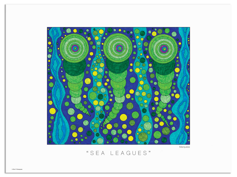 Sea Leagues Poster | Uniquely colored hand-drawn graphics by prominent photographic artist Don P. Marquess.